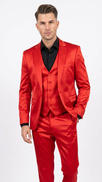 Men’s Red 3 Piece Slim Fit Shiny Satin Suit, Formal Wedding Prom Party Dress Suit