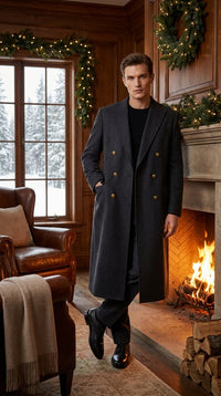 Men’s Charcoal Grey Double Breasted Full Length Overcoat, Formal Winter Dress Coat