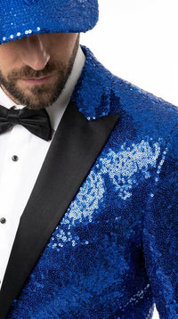 Men’s Royal Blue Sequin Suit, Shiny Metallic Stage Tuxedo Jacket and Pants for Groom and Prom