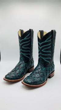 Men’s Rustic Turquoise Pirarucu Exotic Leather Cowboy Boots – Western Square Toe Fish Boots