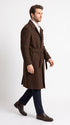 Men’s Dark Brown 100% Wool Gabardine Duster Overcoat, Classic Belted Long Winter Dress Coat