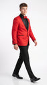 Men’s Red Paisley Jacquard Tuxedo Suit, Modern Fit Black Satin Shawl Lapel Prom Wedding Formal Suit