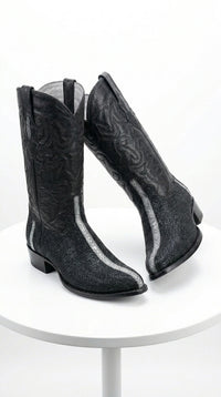 Los Altos Men's Black Stingray with Full Rowstone Finish Snip Toe Boots