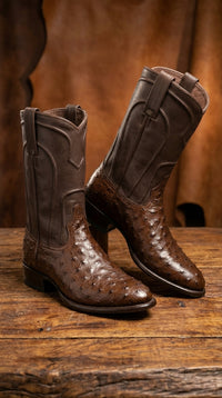 Los Altos Men's Genuine Full Quill Ostrich Brown Roper Toe Boots