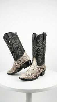 Men’s Natural Python Snakeskin J Toe Cowboy Boots with Black Western Shaft, Exotic Dress Boots