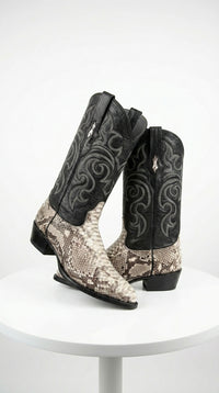 Men’s Natural Python Snakeskin J Toe Cowboy Boots with Black Western Shaft, Exotic Dress Boots