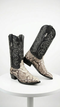 Men’s Natural Python Snakeskin J Toe Cowboy Boots with Black Western Shaft, Exotic Dress Boots