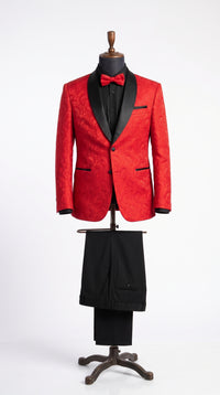 Men’s Red Paisley Jacquard Tuxedo Suit, Modern Fit Black Satin Shawl Lapel Prom Wedding Formal Suit