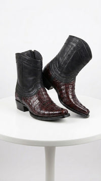 Men’s Black Cherry Caiman Tail Crocodile Boots, European Toe Exotic Western Dress Boots LAB-76B0118
