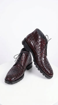 Los Altos Men’s Black Cherry Caiman Belly Boots, Lug Sole Exotic Lace-Up Ankle Boots