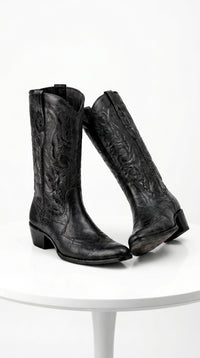 Los Altos Men’s Black Elephant Print Cowboy Boots, Oval Toe Exotic Western Dress Boots