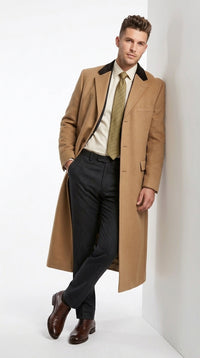 Men’s Beige Camel Chesterfield Overcoat, Wool and Cashmere Full Length Coat with Velvet Collar