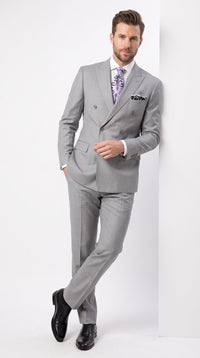 Men’s Light Grey Double Breasted Suit, Classic Fit Silver Gray Luxury Wedding Business Suit
