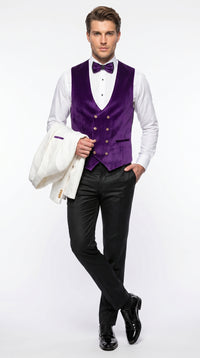 Marco Lorenzo Premium White Paisley 4 Piece Suit with Purple Velvet Shawl Lapel and Matching Bow Tie