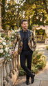 Men’s Black and Gold Floral Jacquard 3 Piece Suit, Modern Fit Tuxedo with Matching Bow Tie for Weddings and Prom