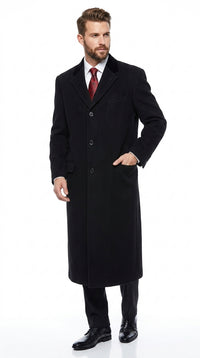 Men’s Black Chesterfield Overcoat, Full Length Wool and Cashmere Dress Coat