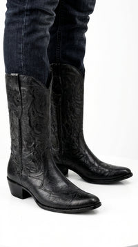 Los Altos Men’s Black Elephant Print Cowboy Boots, Oval Toe Exotic Western Dress Boots