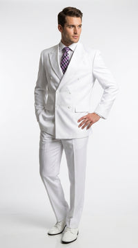 Men’s White Classic Double Breasted Poplin Suit, Formal Two Piece Wedding Dress Suit