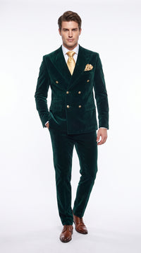 Men’s Rossi Man Zeus Emerald Green Velvet Double Breasted Tuxedo Suit, Formal Wedding Prom Dinner Suit
