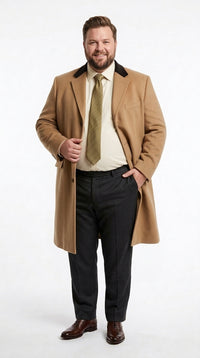 Men’s Beige Camel Chesterfield Overcoat, Wool and Cashmere Full Length Coat with Velvet Collar
