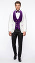 Marco Lorenzo Premium White Paisley 4 Piece Suit with Purple Velvet Shawl Lapel and Matching Bow Tie