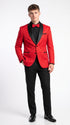 Men’s Red Paisley Jacquard Tuxedo Suit, Modern Fit Black Satin Shawl Lapel Prom Wedding Formal Suit