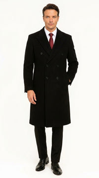 Men’s Black Full Length Double Breasted Wool Overcoat, Formal Winter Topcoat