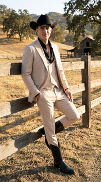 Mens Light Beige Western 3-Piece Suit – Cowboy Tuxedo with Shawl Lapel