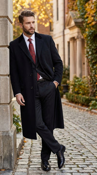 Men’s Black Chesterfield Overcoat, Full Length Wool and Cashmere Dress Coat