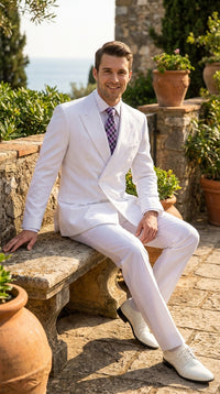 Men’s White Classic Double Breasted Poplin Suit, Formal Two Piece Wedding Dress Suit