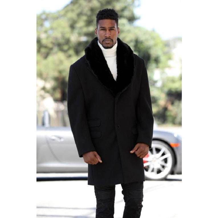 Manzini Black Faux Fur Removable Collar 3 Button Front 3/4 Length