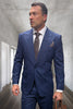 Men's Designer One Button Peak Lapel Wool Suit in Indigo Blue Plaid
