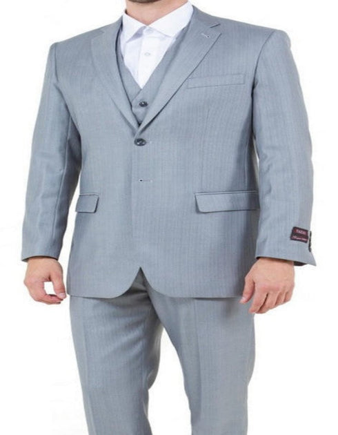 Mens Light Gray Sharkskin 3 Piece Regular Fit Side Vent Suit