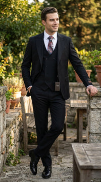Tiglio Men’s Black 3 Pieacce Suit – Classic Formal Business Suit with Vest for Wedding and Special Occasion