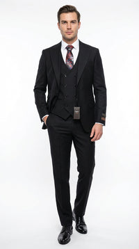 Tiglio Men’s Black 3 Pieacce Suit – Classic Formal Business Suit with Vest for Wedding and Special Occasion
