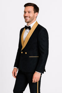 Men's Black and Gold Shawl Lapel Tuxedo with Jacquard Texture – Wedding & Prom Suit