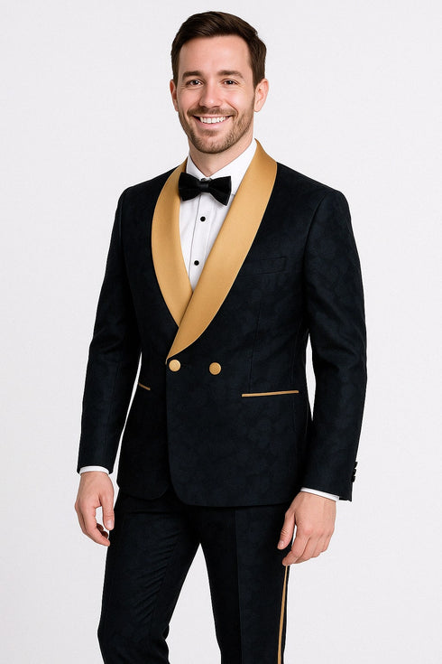 Men's Black and Gold Shawl Lapel Tuxedo with Jacquard Texture – Wedding & Prom Suit