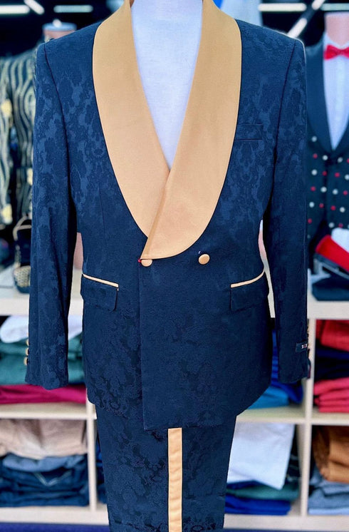 Men's Black and Gold Shawl Lapel Tuxedo with Jacquard Texture – Wedding & Prom Suit