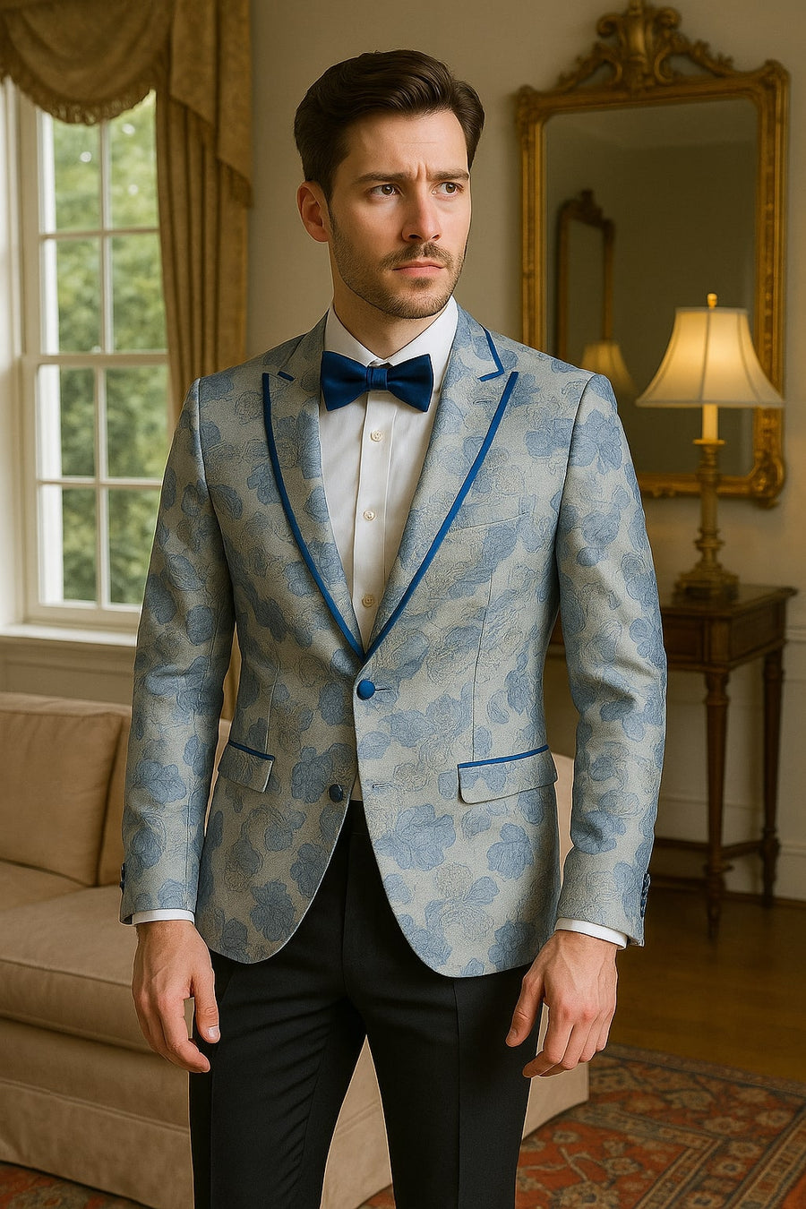 Men's Blue and Gray Tuxedo - Sky Blue Paisley Embroidered Dinner Jacket  Jacket with Satin Trim and Matching Bow Tie