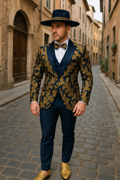 Men's Navy Blue and Gold Baroque Tuxedo Suit with Matching Vest and Bo –  OvercoatUSA