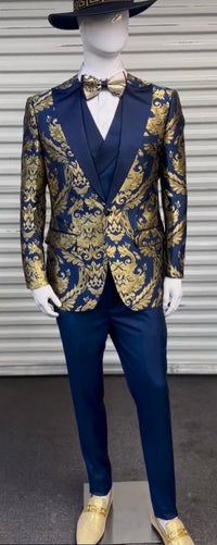 Men's Navy Blue and Gold Baroque Tuxedo Suit with Matching Vest and Bow Tie - Luxury Formalwear