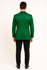 Men's Sateen Emerlad Green Tuxedo Jacket with Black Satin Lapel and Bow Tie – Slim Fit Prom and Party Blazer