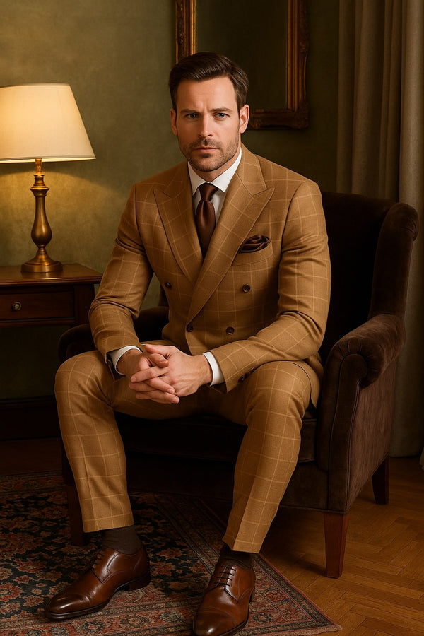 Men's Tan Plaid Double-Breasted Suit – Classic Windowpane Two-Piece Formal Suit - Camel Color Suit By Rossiman