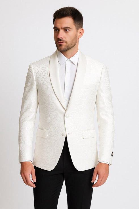 Men’s White Tuxedo Dinner Jacket  Swirl Pattern Tuxedo Jacket with White Satin Shawl Lapel - Paisley Pattern