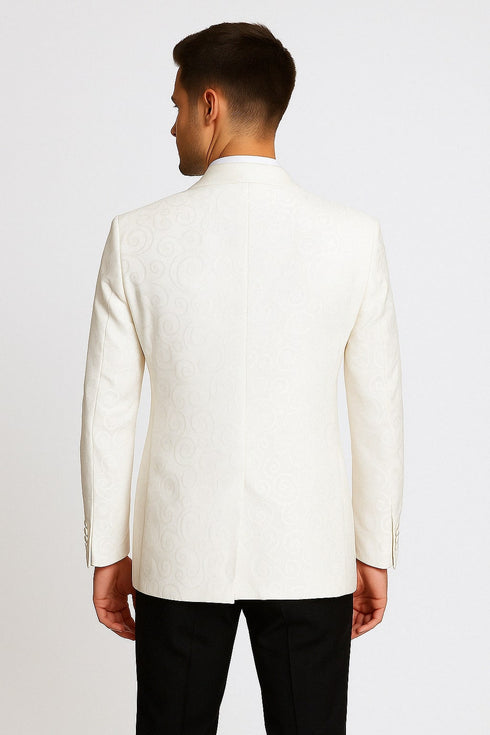 Men’s White Tuxedo Dinner Jacket  Swirl Pattern Tuxedo Jacket with White Satin Shawl Lapel - Paisley Pattern