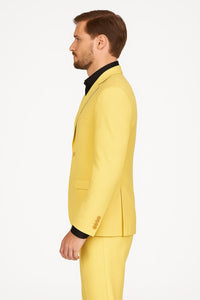 Men's Yellow 3-Piece Suit with Black Dress Shirt – Modern Slim Fit Formal Attire