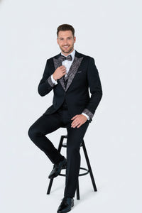 Men's Black and White Silver Embellished Tuxedo Suit + Bowtie 3-Piece Formal Wedding, Prom, and Gala Outfit