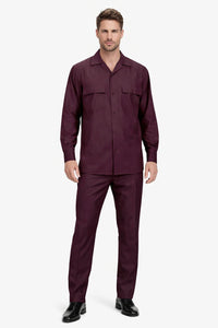 Mens Luxury Burgundy Wool Two-Piece Leisure Walking Suit
