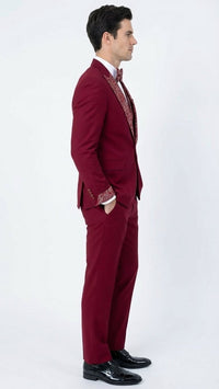 Men's Burgundy and White Embellished Tuxedo Suit – Slim Fit 3-Piece Formal Wedding, Prom, and Gala Outfit