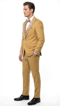 Men's Gold Embellished Tuxedo Suit + Bowtie – Slim Fit Jacket, Vest and Tailored Pants